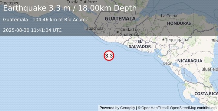 Earthquake OFF THE COAST OF GUATEMALA (3.3 m) (2025-08-30 11:41:04 UTC)