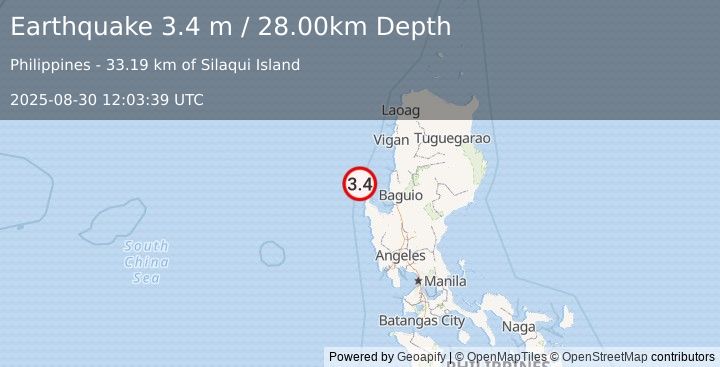 Earthquake LUZON, PHILIPPINES (3.4 m) (2025-08-30 12:03:39 UTC)