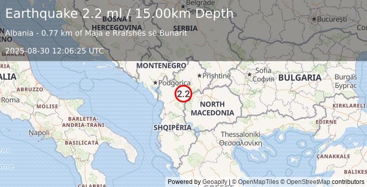 Earthquake ALBANIA (2.2 ml) (2025-08-30 12:06:25 UTC)