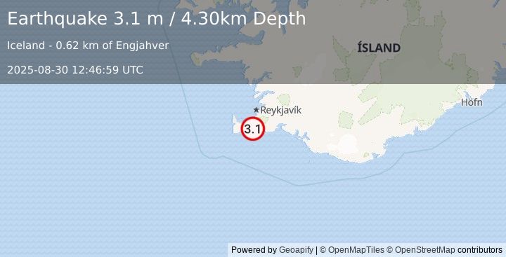 Earthquake ICELAND REGION (3.1 m) (2025-08-30 12:46:59 UTC)
