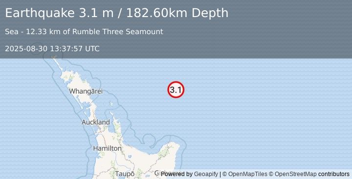 Earthquake OFF E. COAST OF N. ISLAND, N.Z. (3.1 m) (2025-08-30 13:37:57 UTC)