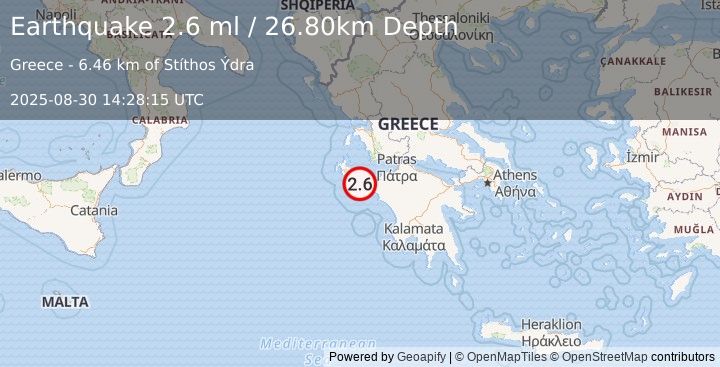 Earthquake IONIAN SEA (2.6 ml) (2025-08-30 14:28:15 UTC)