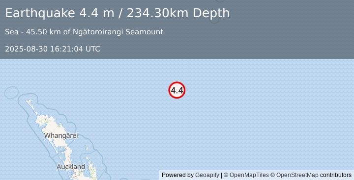 Earthquake SOUTH OF KERMADEC ISLANDS (4.4 m) (2025-08-30 16:21:04 UTC)