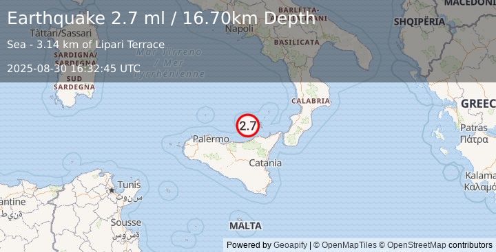 Earthquake SICILY, ITALY (2.7 ml) (2025-08-30 16:32:45 UTC)