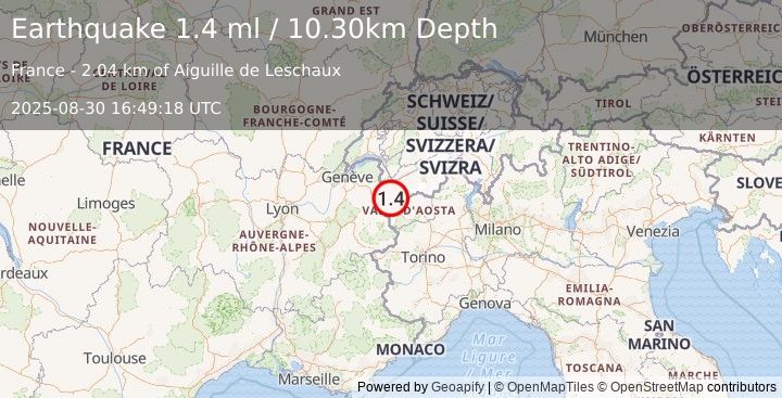Earthquake NORTHERN ITALY (1.4 ml) (2025-08-30 16:49:18 UTC)