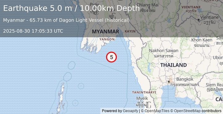 Earthquake NEAR SOUTH COAST OF MYANMAR (5.0 mb) (2025-08-30 17:05:31 UTC)