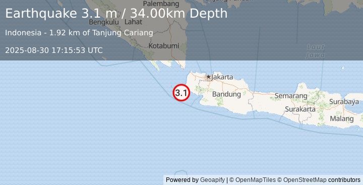 Earthquake SUNDA STRAIT, INDONESIA (3.1 m) (2025-08-30 17:15:53 UTC)