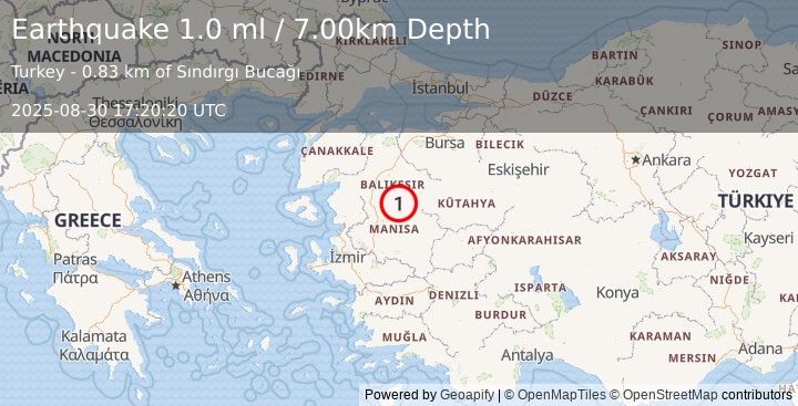 Earthquake WESTERN TURKEY (1.0 ml) (2025-08-30 17:20:20 UTC)
