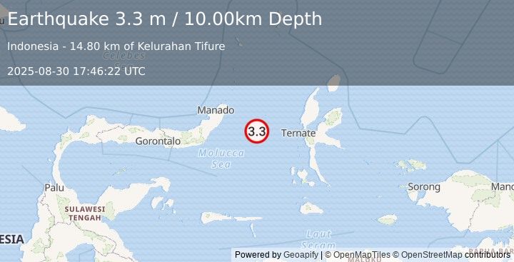 Earthquake MOLUCCA SEA (3.3 m) (2025-08-30 17:46:22 UTC)