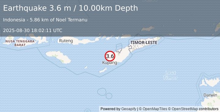 Earthquake TIMOR REGION, INDONESIA (3.6 m) (2025-08-30 18:02:11 UTC)