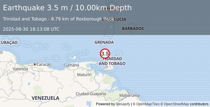 Earthquake TRINIDAD REGION, TRINIDAD-TOBAGO (3.5 m) (2025-08-30 18:13:08 UTC)