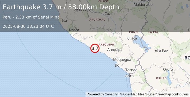 Earthquake NEAR COAST OF SOUTHERN PERU (3.7 m) (2025-08-30 18:23:04 UTC)