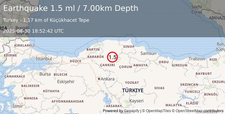 Earthquake CENTRAL TURKEY (1.5 ml) (2025-08-30 18:52:42 UTC)