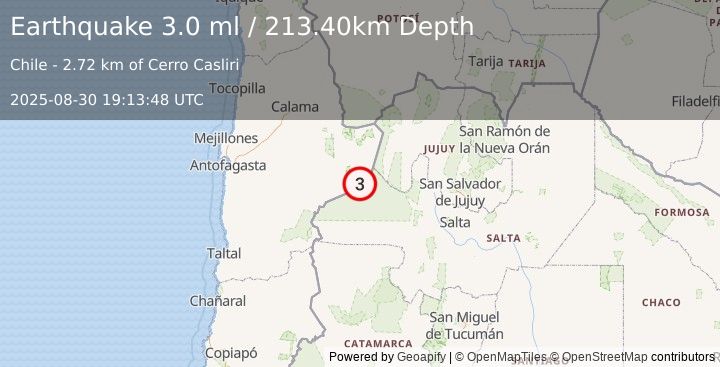 Earthquake ANTOFAGASTA, CHILE (3.0 ml) (2025-08-30 19:13:48 UTC)
