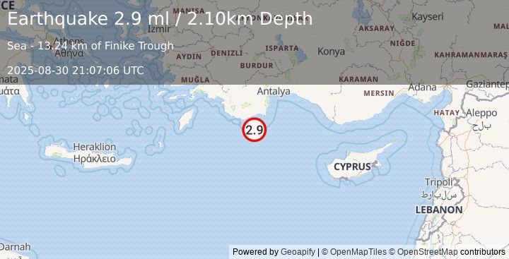 Earthquake EASTERN MEDITERRANEAN SEA (2.9 ml) (2025-08-30 21:07:06 UTC)