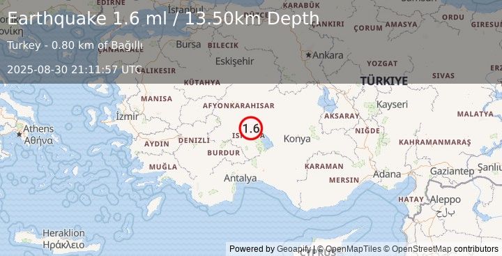 Earthquake WESTERN TURKEY (1.6 ml) (2025-08-30 21:11:57 UTC)