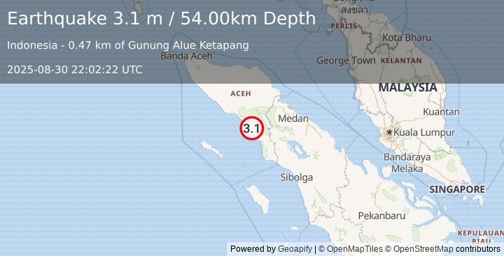 Earthquake NORTHERN SUMATRA, INDONESIA (3.1 m) (2025-08-30 22:02:22 UTC)