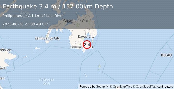Earthquake MINDANAO, PHILIPPINES (3.4 m) (2025-08-30 22:09:49 UTC)