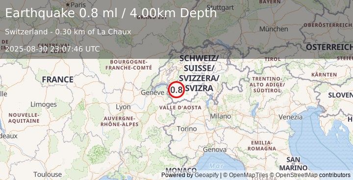 Earthquake SWITZERLAND (0.8 ml) (2025-08-30 23:07:46 UTC)