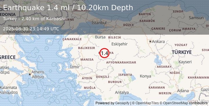 Earthquake WESTERN TURKEY (1.4 ml) (2025-08-30 23:14:49 UTC)
