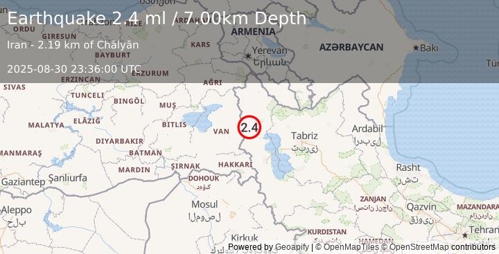 Earthquake TURKEY-IRAN BORDER REGION (2.4 ml) (2025-08-30 23:36:00 UTC)