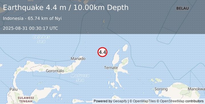 Earthquake MOLUCCA SEA (4.4 m) (2025-08-31 00:30:17 UTC)
