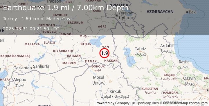 Earthquake TURKEY-IRAQ BORDER REGION (1.9 ml) (2025-08-31 00:21:50 UTC)