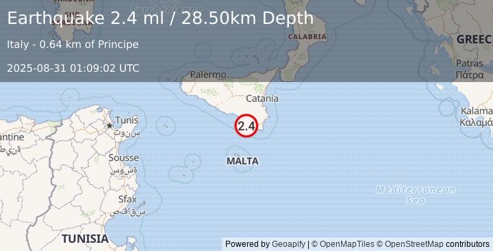 Earthquake SICILY, ITALY (2.4 ml) (2025-08-31 01:09:02 UTC)