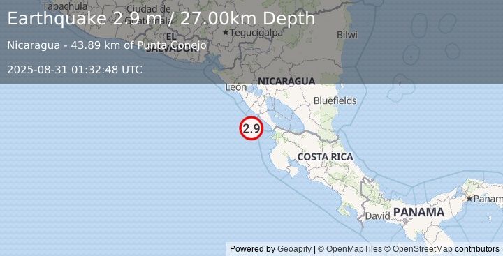 Earthquake NEAR COAST OF NICARAGUA (2.9 m) (2025-08-31 01:32:48 UTC)