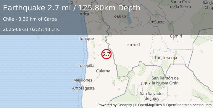 Earthquake ANTOFAGASTA, CHILE (2.7 ml) (2025-08-31 02:27:48 UTC)