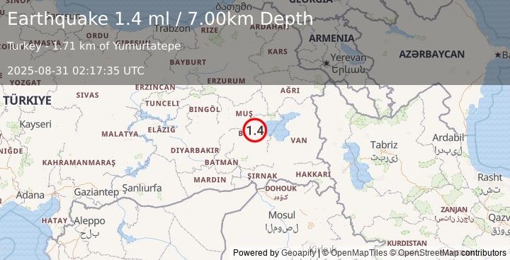 Earthquake EASTERN TURKEY (1.4 ml) (2025-08-31 02:17:35 UTC)