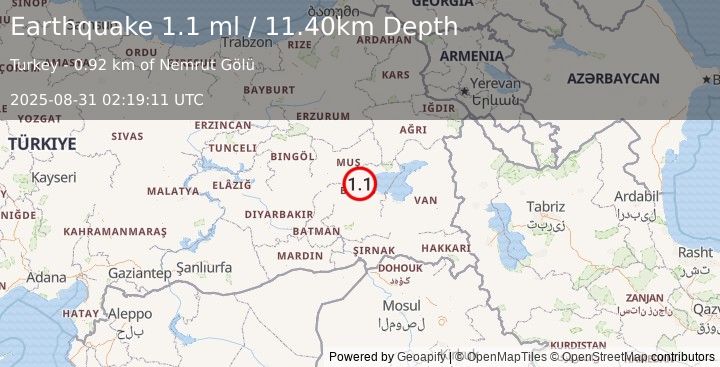 Earthquake EASTERN TURKEY (1.1 ml) (2025-08-31 02:19:11 UTC)