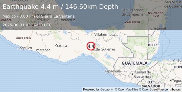 Earthquake OAXACA, MEXICO (4.4 m) (2025-08-31 03:14:20 UTC)