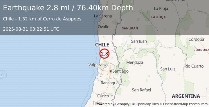 Earthquake VALPARAISO, CHILE (2.8 ml) (2025-08-31 03:22:51 UTC)