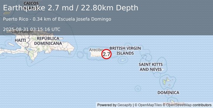 Earthquake PUERTO RICO (2.7 md) (2025-08-31 03:15:16 UTC)