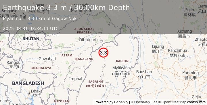 Earthquake MYANMAR (3.3 m) (2025-08-31 03:34:11 UTC)