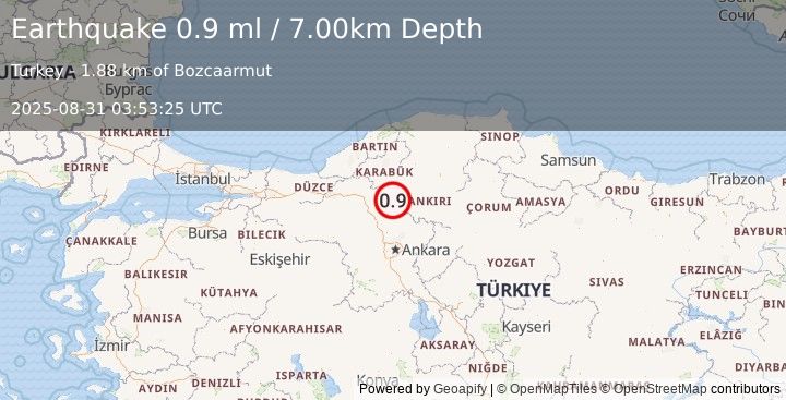 Earthquake CENTRAL TURKEY (0.9 ml) (2025-08-31 03:53:25 UTC)
