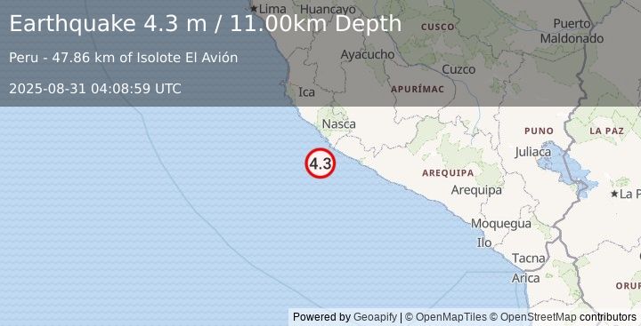 Earthquake NEAR COAST OF CENTRAL PERU (4.3 m) (2025-08-31 04:08:59 UTC)