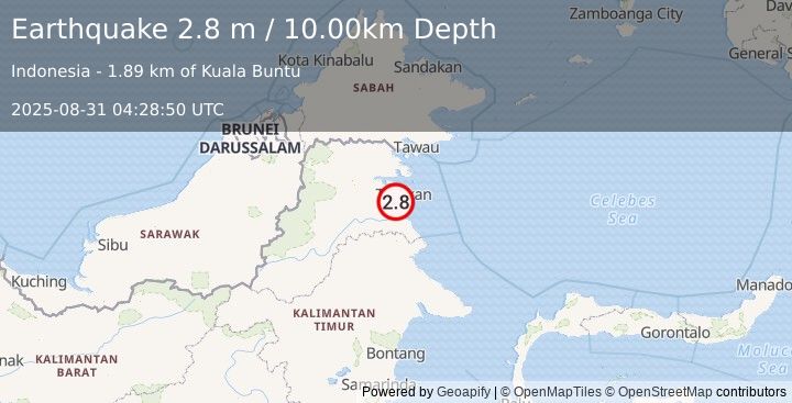 Earthquake KALIMANTAN, INDONESIA (2.8 m) (2025-08-31 04:28:50 UTC)