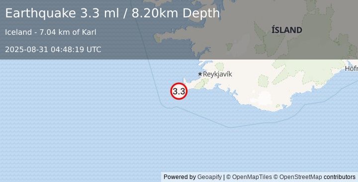 Earthquake ICELAND REGION (3.3 ml) (2025-08-31 04:48:19 UTC)