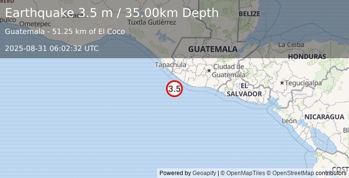 Earthquake OFFSHORE GUATEMALA (3.5 m) (2025-08-31 06:02:32 UTC)