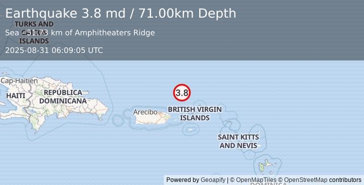 Earthquake VIRGIN ISLANDS REGION (3.8 md) (2025-08-31 06:09:05 UTC)