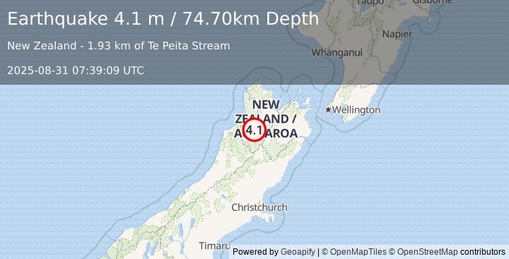 Earthquake SOUTH ISLAND OF NEW ZEALAND (4.1 m) (2025-08-31 07:39:09 UTC)