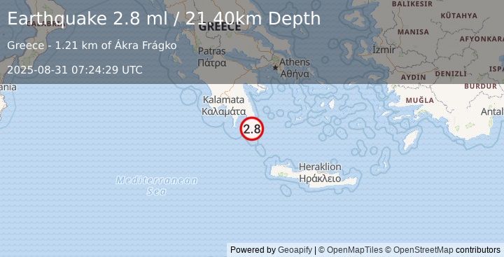 Earthquake SOUTHERN GREECE (2.8 ml) (2025-08-31 07:24:29 UTC)