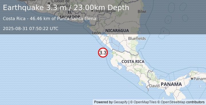 Earthquake OFF COAST OF COSTA RICA (3.3 m) (2025-08-31 07:50:22 UTC)