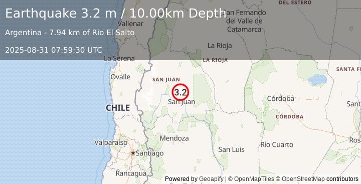 Earthquake SAN JUAN, ARGENTINA (3.2 m) (2025-08-31 07:59:30 UTC)