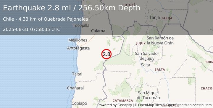 Earthquake ANTOFAGASTA, CHILE (2.8 ml) (2025-08-31 07:58:35 UTC)