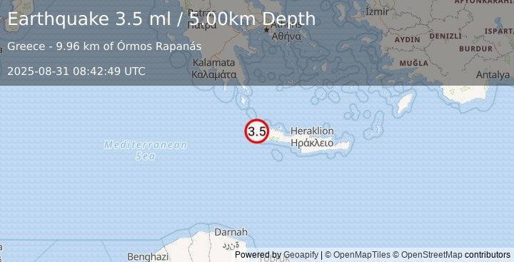 Earthquake CRETE, GREECE (3.2 ml) (2025-08-31 08:42:47 UTC)