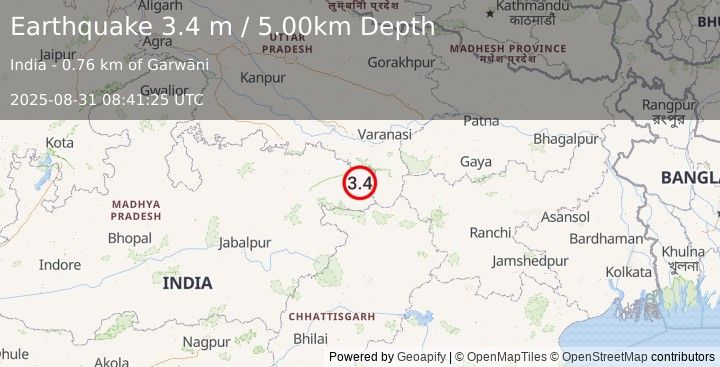 Earthquake MADHYA PRADESH REGION, INDIA (3.4 m) (2025-08-31 08:41:25 UTC)