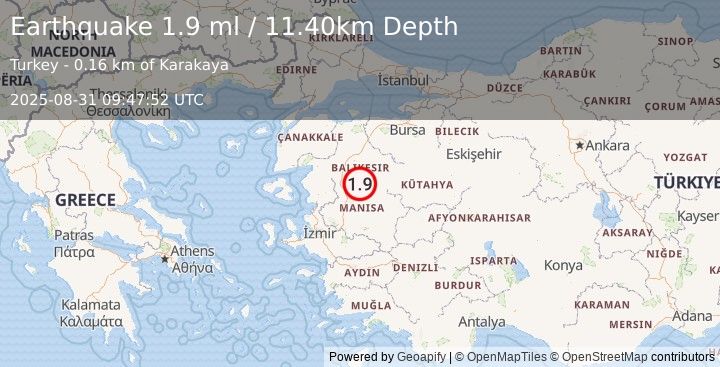 Earthquake WESTERN TURKEY (1.9 ml) (2025-08-31 09:47:52 UTC)